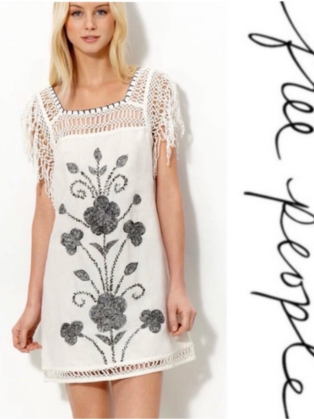 Free people Mexican embroidered floral boho fringe vacation shift dress size 2